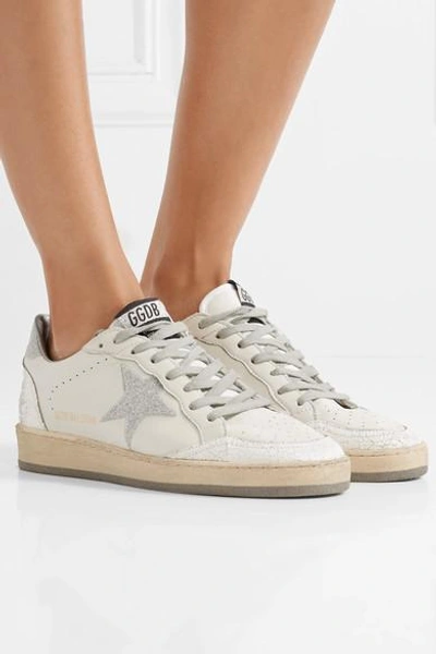 Shop Golden Goose Ball Star Glittered Distressed Leather Sneakers In White