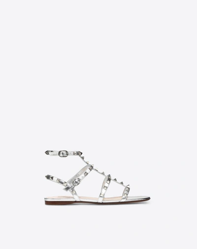 Shop Valentino Garavani Metallic Cage Rockstud Flat Sandal In Silver