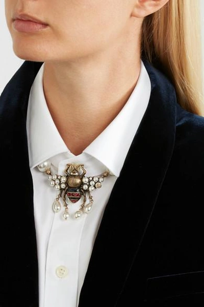 Shop Gucci Gold-tone, Crystal And Faux Pearl Necklace