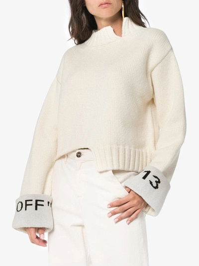 Shop Off-white Knitted Logo Cuff Wool Blend Sweater In White