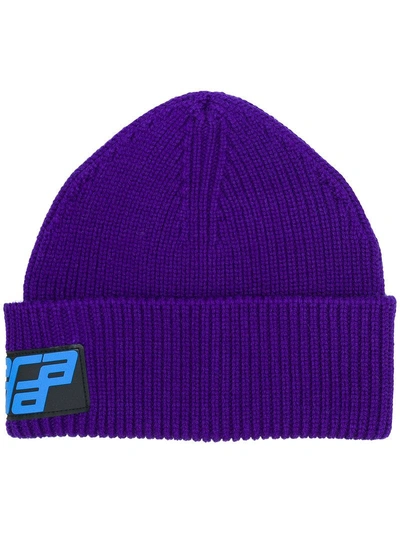 Shop Prada Logo Beanie Hat In Purple