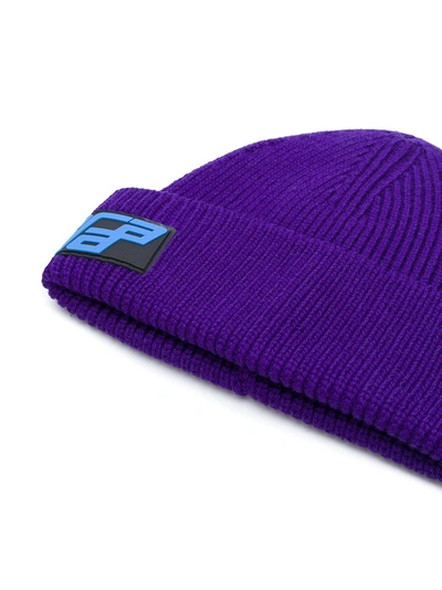 Shop Prada Logo Beanie Hat In Purple