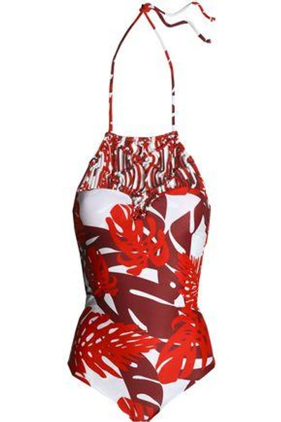 Shop Mikoh Woman Macramé-paneled Printed Halterneck Swimsuit Red