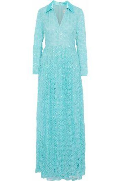 Shop Mikael Aghal Satin-trimmed Sequined Lace Gown In Turquoise
