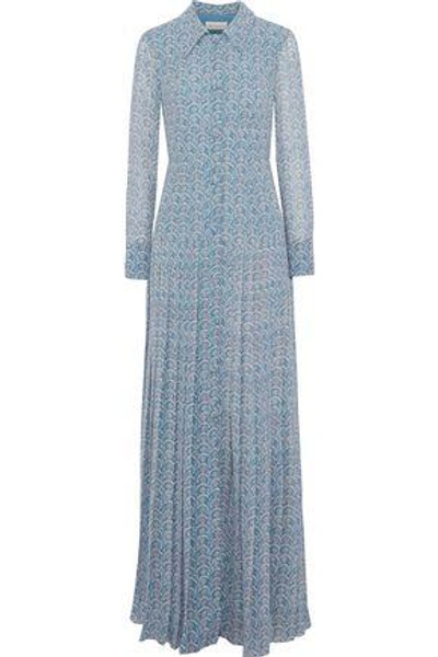 Shop Mikael Aghal Pleated Printed Chiffon Gown In Sky Blue