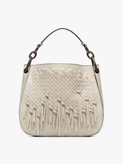 Shop Bottega Veneta Cream Charleston Loop Fringed Leather Hobo Tote In Nude/neutrals