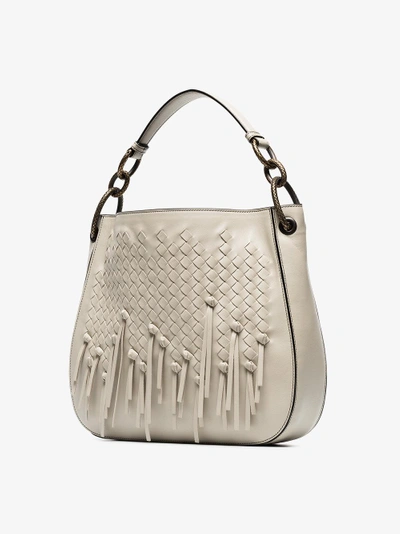 Shop Bottega Veneta Cream Charleston Loop Fringed Leather Hobo Tote In Nude/neutrals