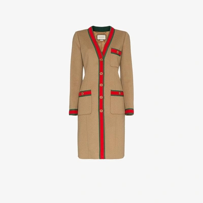 Shop Gucci Wool Coat With Web In Nude/neutrals