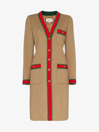 Shop Gucci Wool Coat With Web In Nude/neutrals