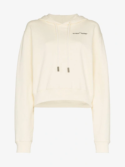 Shop Off-white White Logo Embroidered Cropped Long Sleeve Cotton Hoodie
