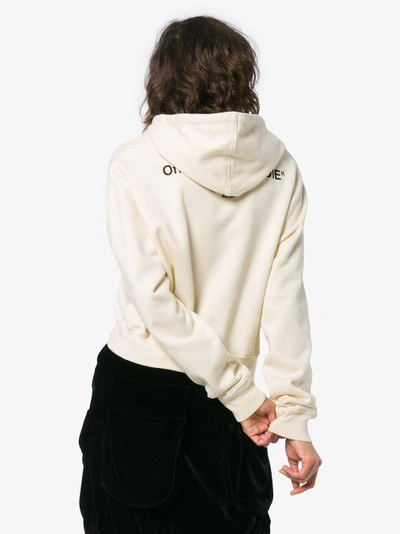 Shop Off-white White Logo Embroidered Cropped Long Sleeve Cotton Hoodie