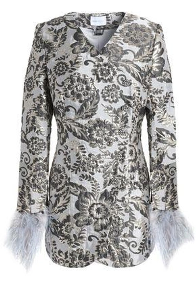 Shop Alice Mccall Woman Bold And The Beautiful Feather-trimmed Brocade Mini Dress Light Gray