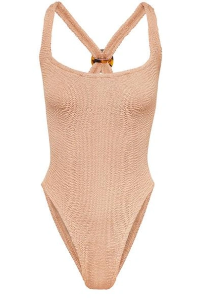 Shop Hunza G Zora Metallic Seersucker Swimsuit In Beige