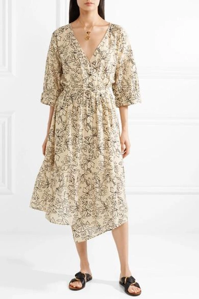 Shop Apiece Apart Anichka Wrap-effect Floral-print Cotton And Silk-blend Voile Midi Dress In Cream