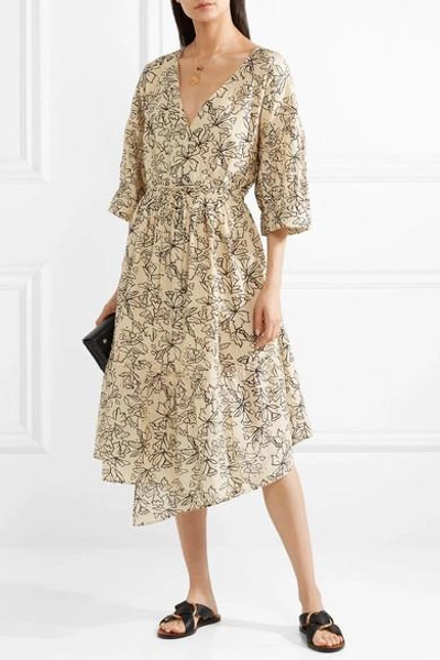 Shop Apiece Apart Anichka Wrap-effect Floral-print Cotton And Silk-blend Voile Midi Dress In Cream