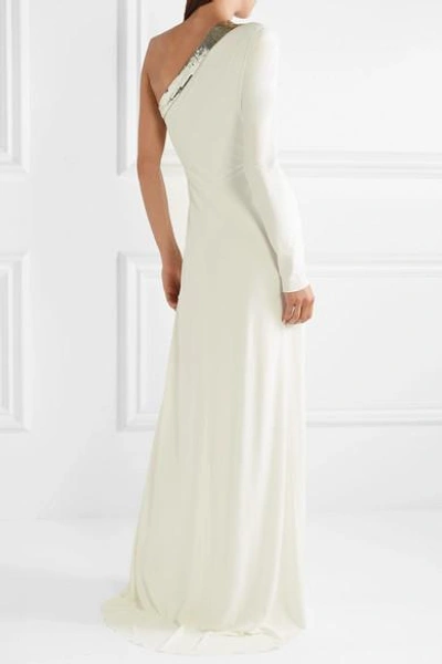Shop Dundas One-shoulder Tulle-trimmed Embellished Crepe Gown In White