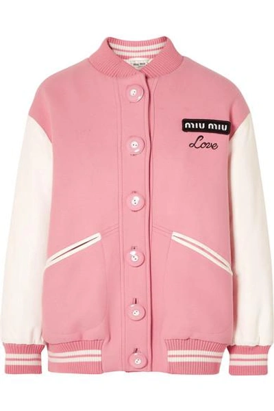Shop Miu Miu Oversized Two-tone Leather And Wool Bomber Jacket In Pink