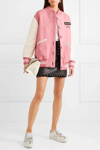 Shop Miu Miu Oversized Two-tone Leather And Wool Bomber Jacket In Pink