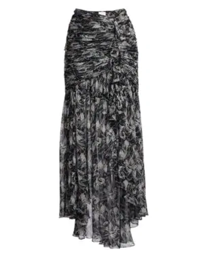 Shop Cinq À Sept Kathleen Ruched Floral Silk Midi Skirt In Black Multi