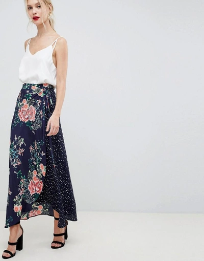Shop Liquorish Polka Dot And Floral Mixed Print Wrap Maxi Skirt - Multi