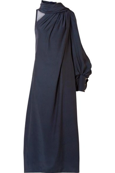 Shop Hillier Bartley Fringed Polka-dot Silk-satin Midi Dress In Midnight Blue
