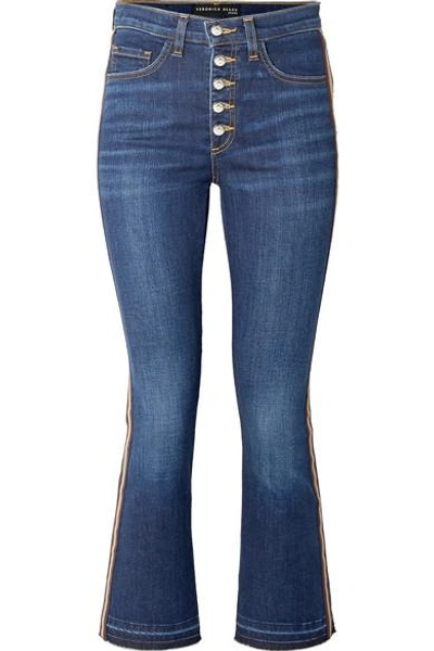 Shop Veronica Beard Carolyn Cropped Grosgrain-trimmed High-rise Bootcut Jeans In Indigo