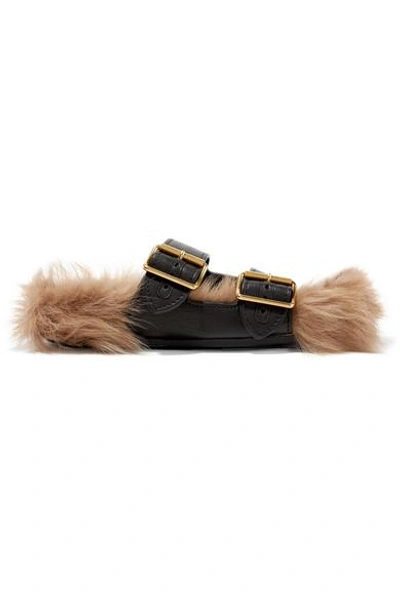 Shop Prada Leather And Shearling Slides In Black