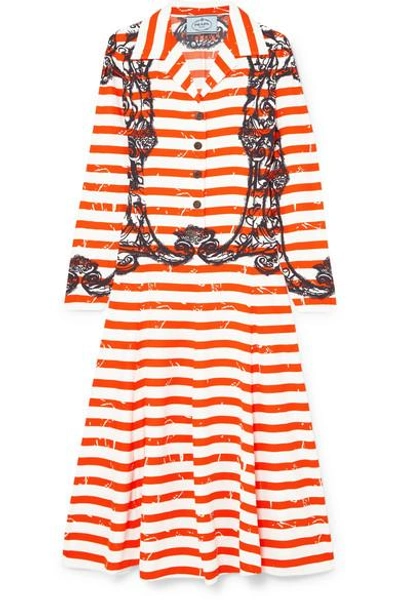 Shop Prada Printed Crepe De Chine Midi Dress In Orange