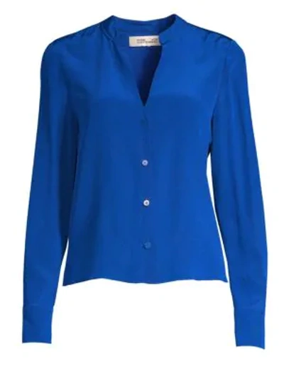 Shop Diane Von Furstenberg Long Sleeve V-neck Shirt In Cobalt
