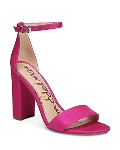 Shop Sam Edelman Yaro Ankle Strap Block Heel Sandals In Deep Pink Silk Fabric