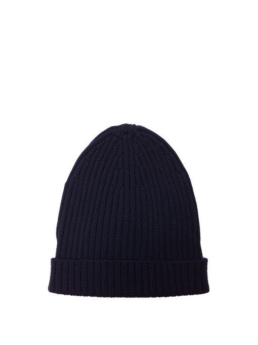 Prada Logo-embellished Ribbed-knit Beanie Hat In Navy | ModeSens