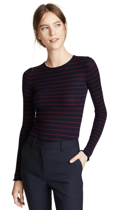 Shop Vince Stripe Ribbed Sweater In Coastal/merlot