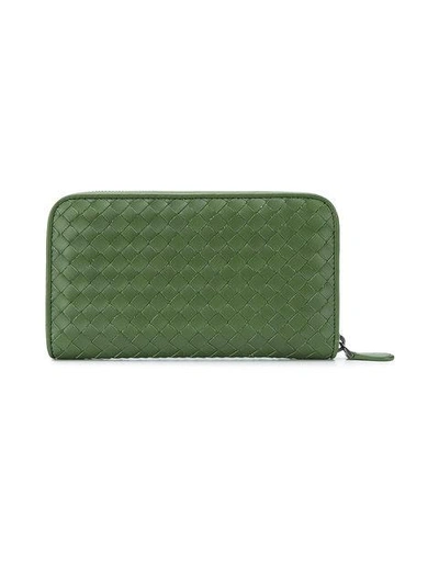 Shop Bottega Veneta Zip-around Woven Wallet In Green