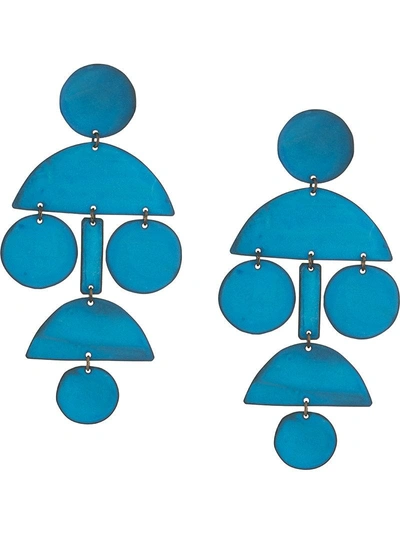 Shop Annie Costello Brown Pom Pom Long Chandelier Earrings - Blue