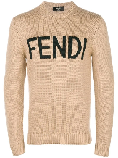 Shop Fendi Logo Crew Neck Sweater In Neutrals