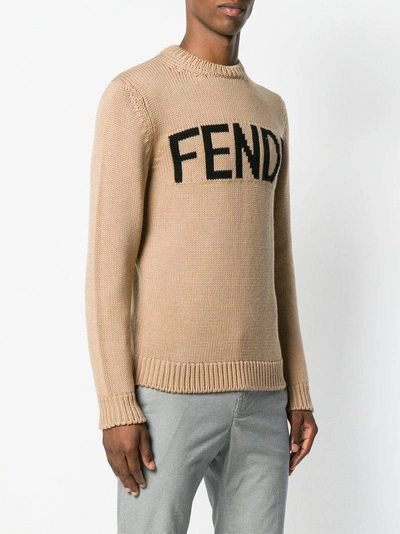 Shop Fendi Logo Crew Neck Sweater In Neutrals