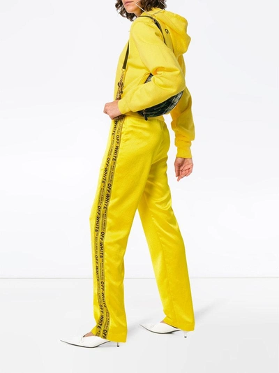 Off-white Yellow Logo Embroidered Cropped Long Sleeve Cotton Hoodie In Yellow