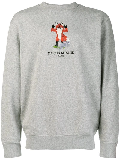 Shop Maison Kitsuné Cross Stitched Fox Sweatshirt In Grey