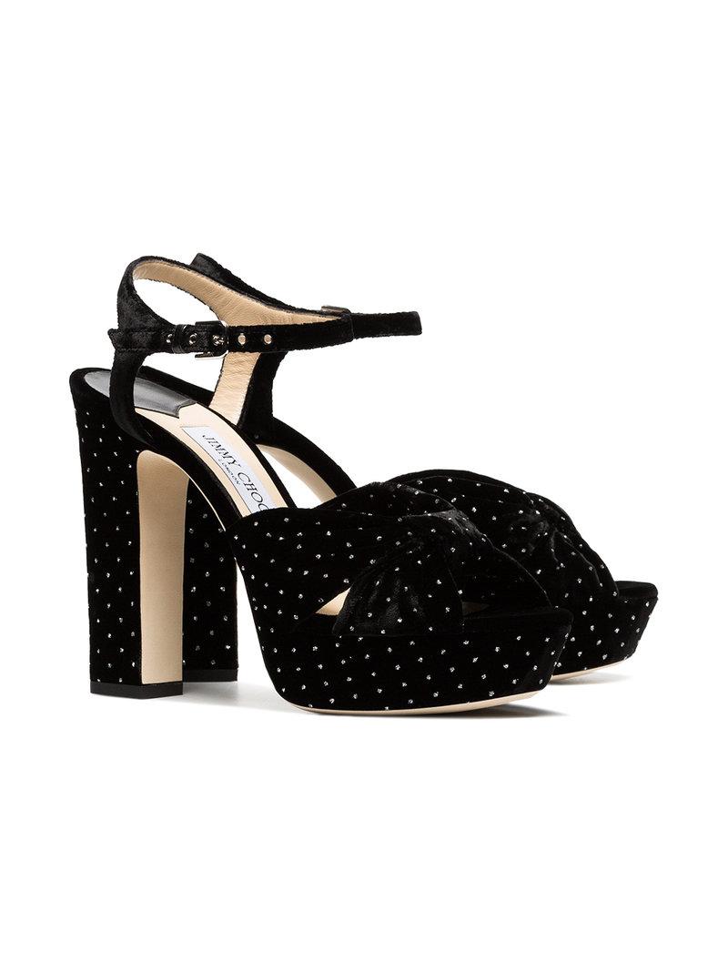 Jimmy Choo Heloise 120 Black Glitter Spotted Velvet Platform Sandals