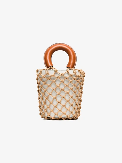 Shop Staud White And Brown Moreau Macrame And Leather Bucket Bag