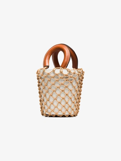 Shop Staud White And Brown Moreau Macrame And Leather Bucket Bag