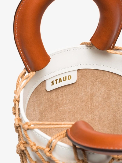 Shop Staud White And Brown Moreau Macrame And Leather Bucket Bag