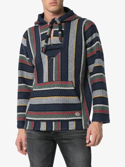Shop Alanui Stripe Knitted Cashmere Hooded Sweater In Blue