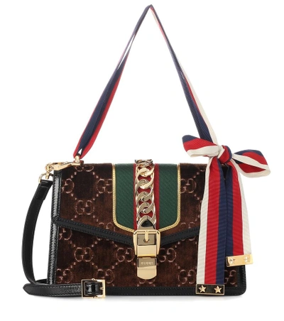 Shop Gucci Sylvie Gg Small Velvet Shoulder Bag In Brown