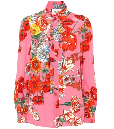 Shop Gucci Floral-printed Silk Crêpe Blouse In Pink