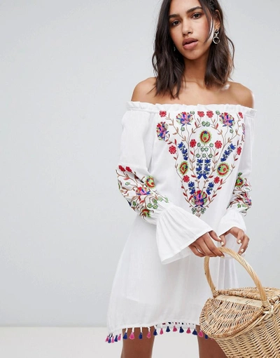 Shop Raga Wild Flower Embroidered Off Shoulder Dress - White