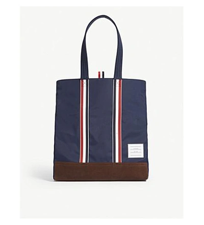 Shop Thom Browne Navy Blue Stripe Unstructured Nylon And Suede Tote Bag