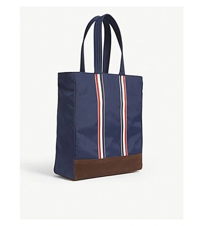 Shop Thom Browne Navy Blue Stripe Unstructured Nylon And Suede Tote Bag