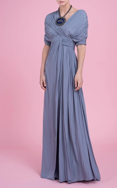 Shop Lanvin Short-sleeve Draped Gown In Blue