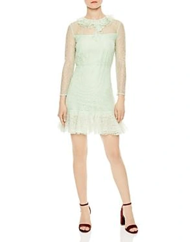 Shop Sandro Haiti Ruffled Sheer Lace A-line Dress In Almond Green